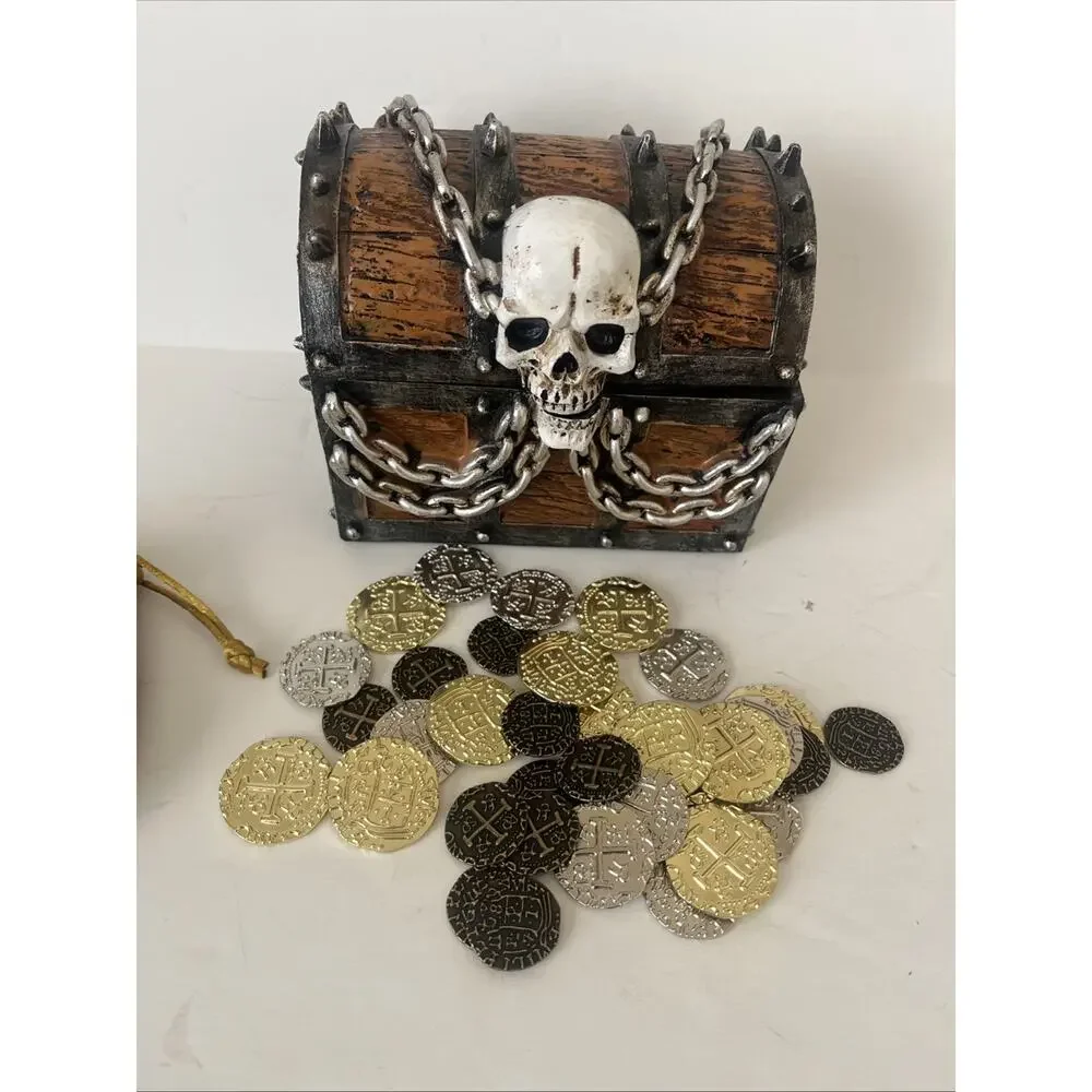 Nautical Pirate Skull Treasure Chest, Unique Trinket Box, 6 Inches. Coins Too!!